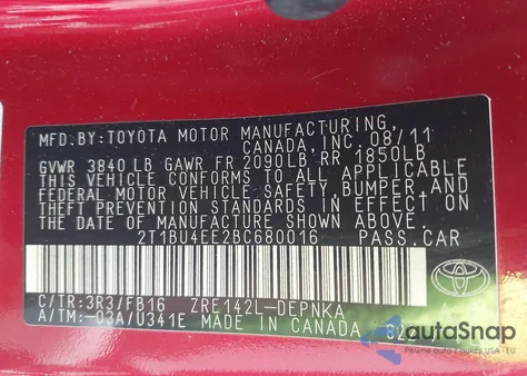 2011 Toyota Corolla Le from USA, damaged, VIN 2T1BU4EE2BC680016